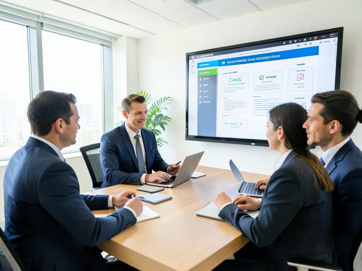 Security consultants reviewing a compliance dashboard with a client team