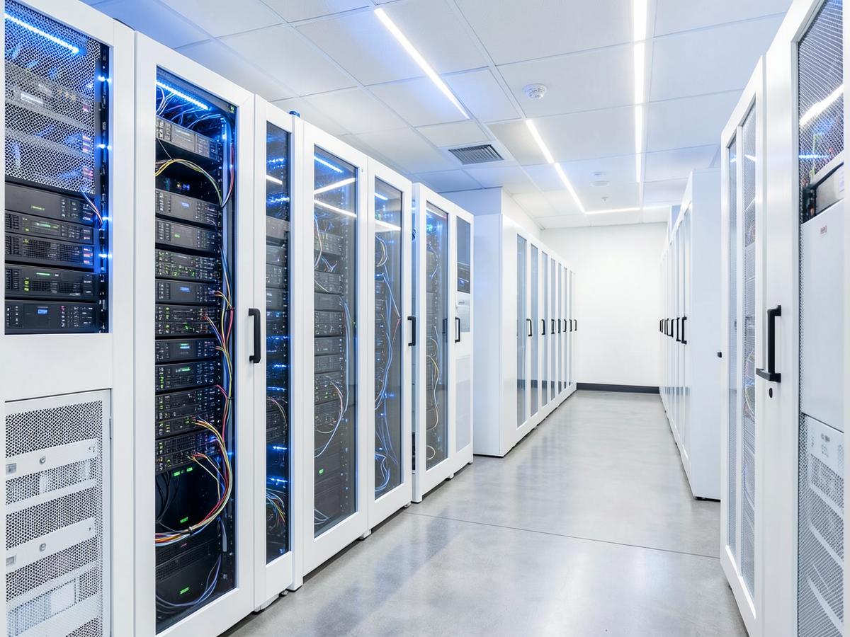 Modern data center corridor with network equipment